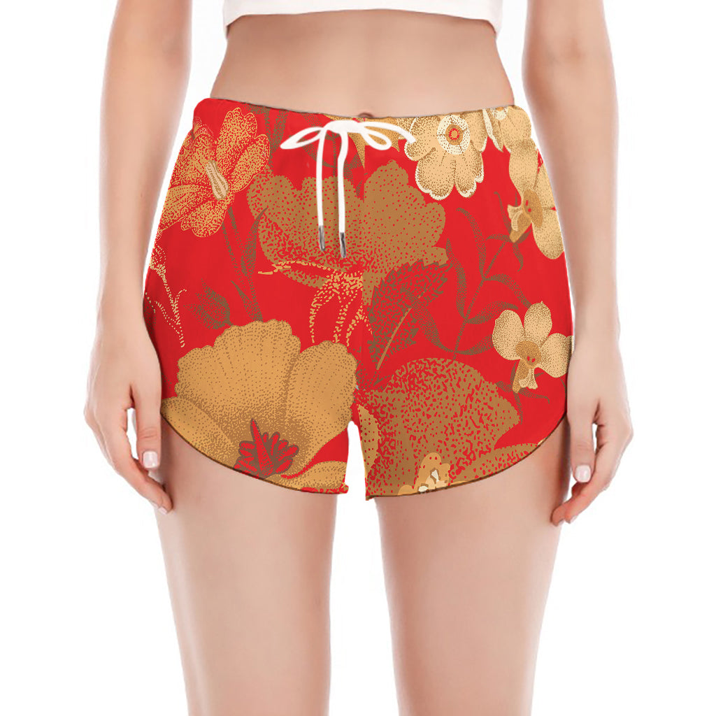 Vintage Chinese Flower Print Women's Split Running Shorts