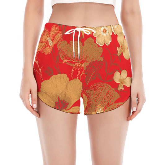 Vintage Chinese Flower Print Women's Split Running Shorts