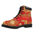 Vintage Chinese Flower Print Padded Collar Lace Up Boots