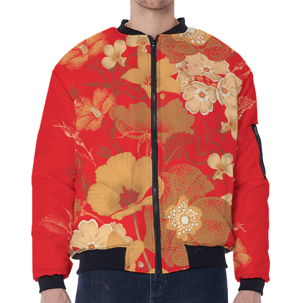 Vintage Chinese Flower Print Zip Sleeve Bomber Jacket