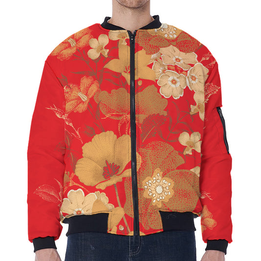 Vintage Chinese Flower Print Zip Sleeve Bomber Jacket
