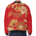 Vintage Chinese Flower Print Zip Sleeve Bomber Jacket