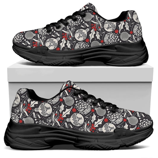 Vintage Christmas Decorations Print Black Chunky Shoes