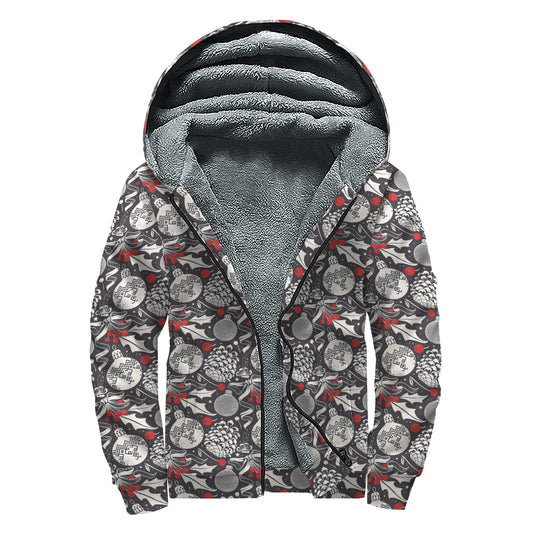Vintage Christmas Decorations Print Sherpa Lined Zip Up Hoodie