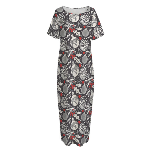 Vintage Christmas Decorations Print Short Sleeve Long Nightdress