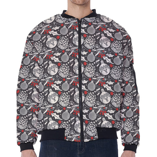 Vintage Christmas Decorations Print Zip Sleeve Bomber Jacket