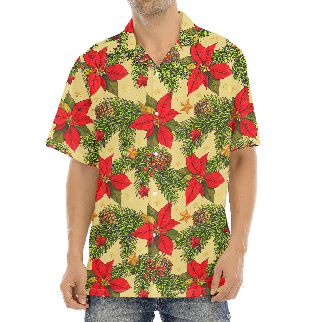 Vintage Christmas Poinsettia Print Aloha Shirt