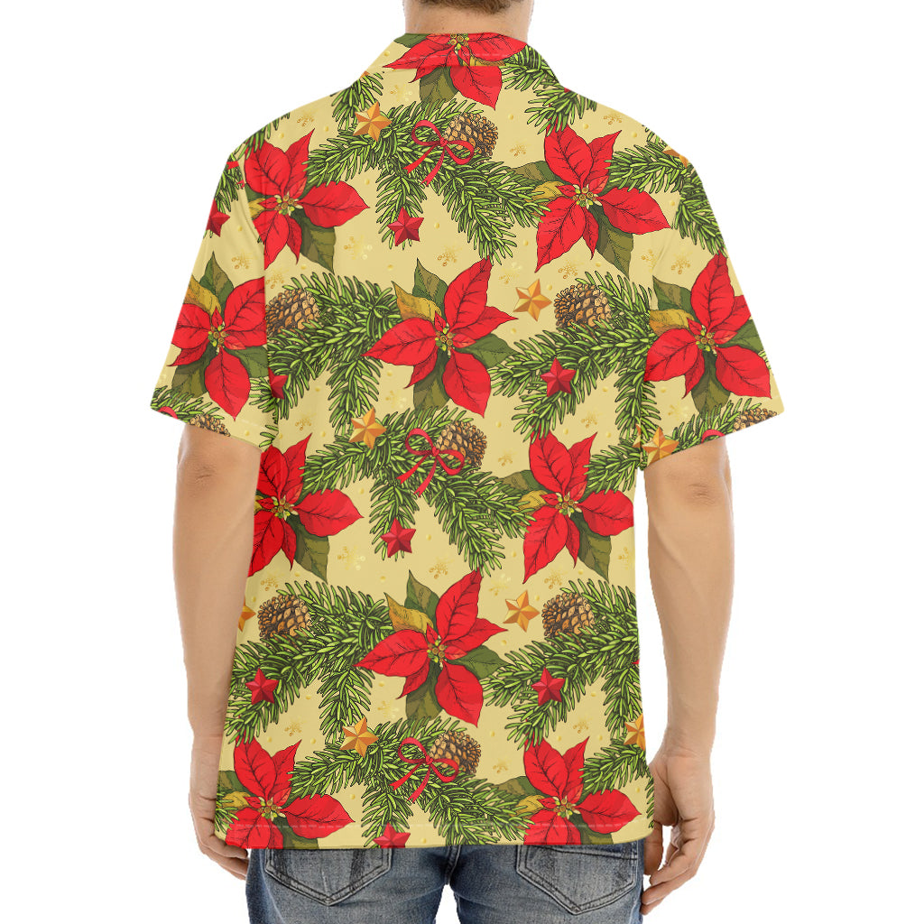 Vintage Christmas Poinsettia Print Aloha Shirt