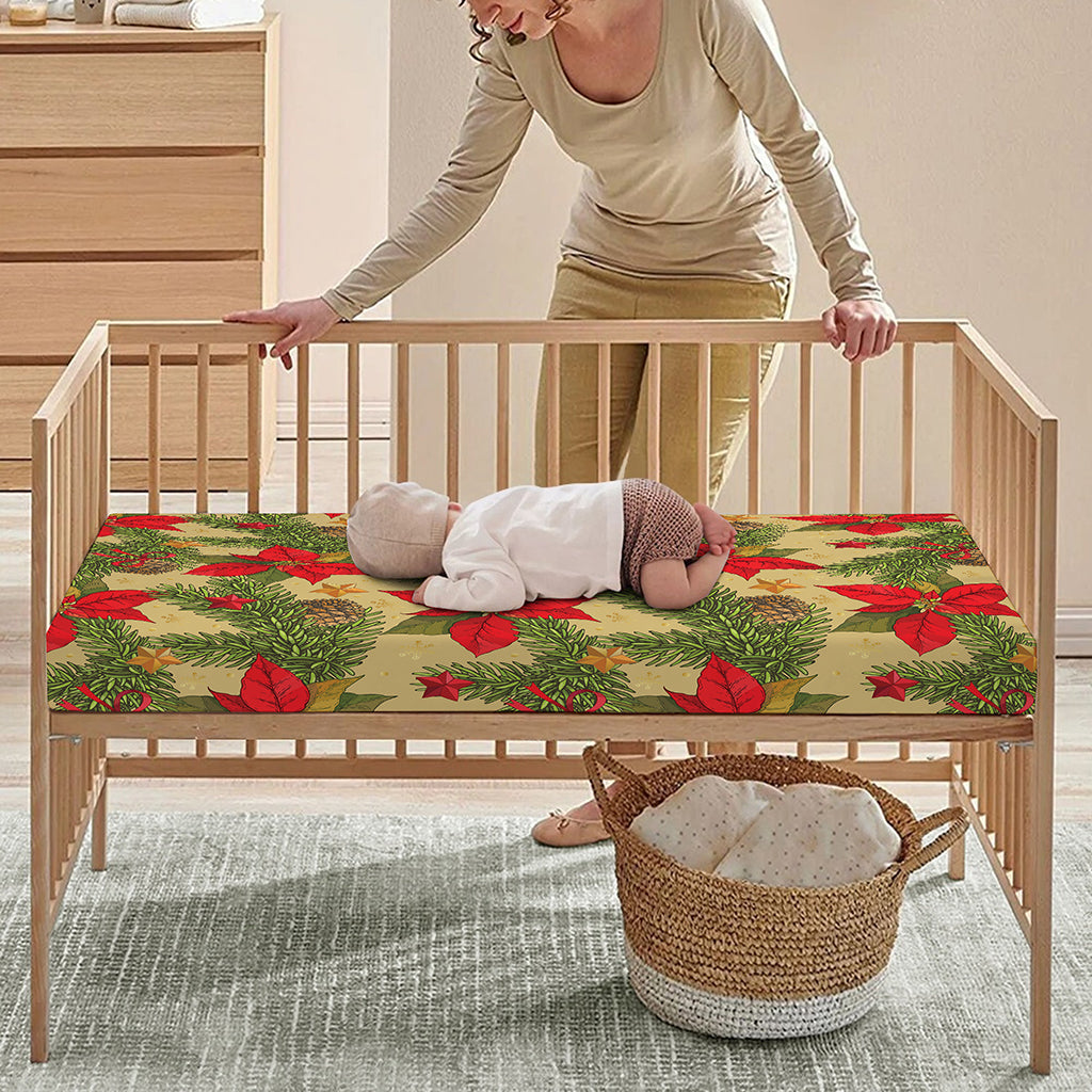 Vintage Christmas Poinsettia Print Baby Crib Sheet