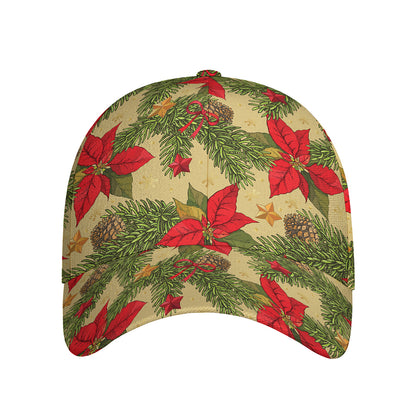 Vintage Christmas Poinsettia Print Baseball Cap