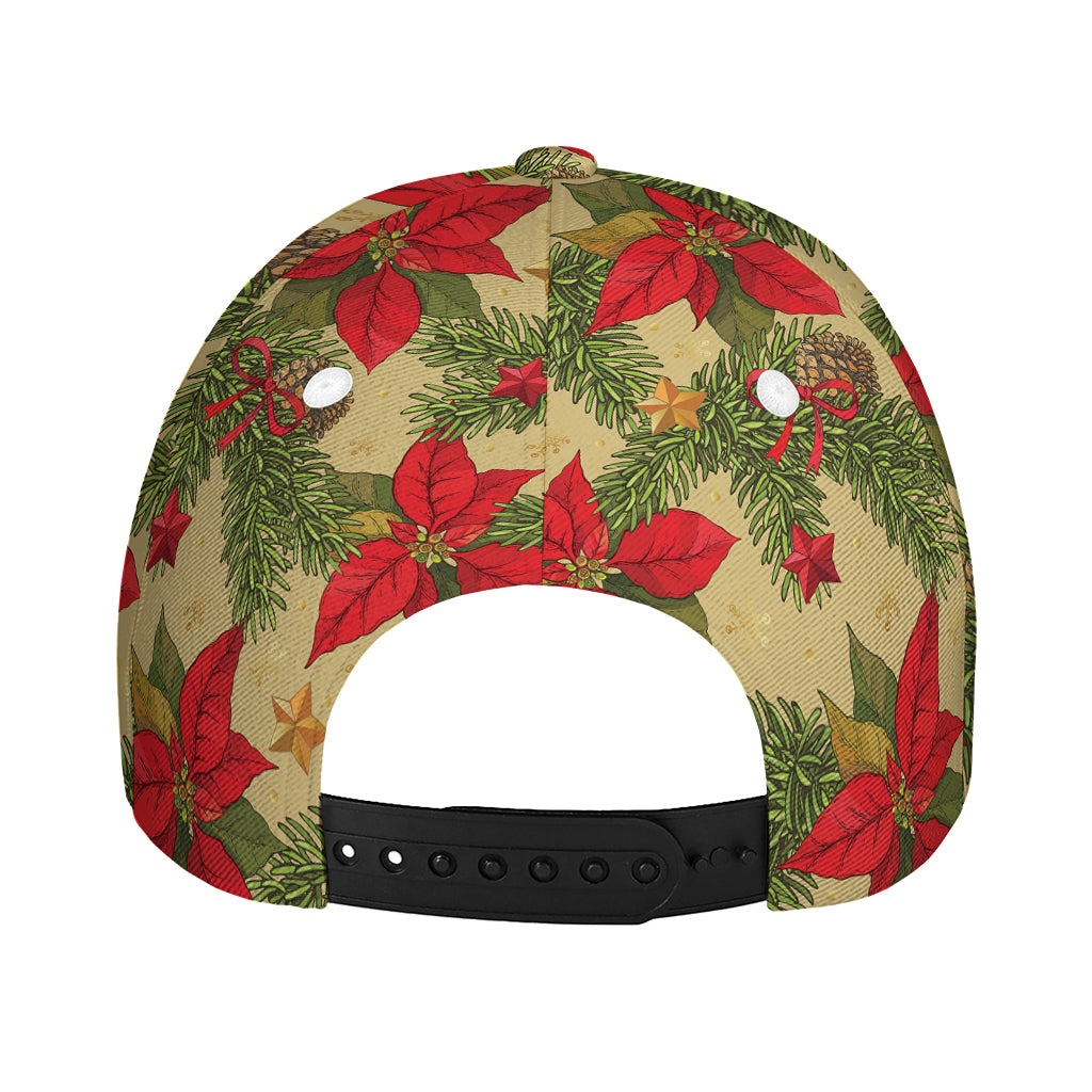 Vintage Christmas Poinsettia Print Baseball Cap
