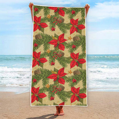 Vintage Christmas Poinsettia Print Beach Towel