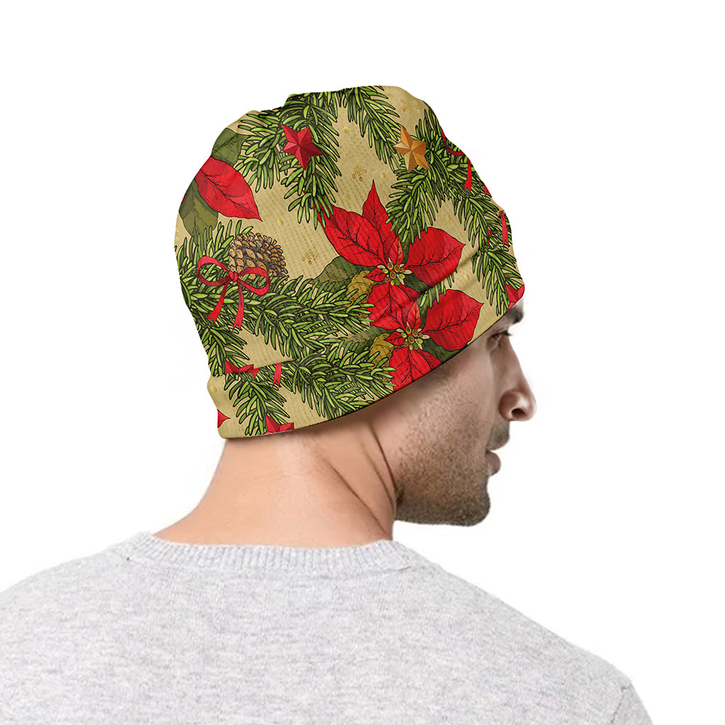 Vintage Christmas Poinsettia Print Beanie