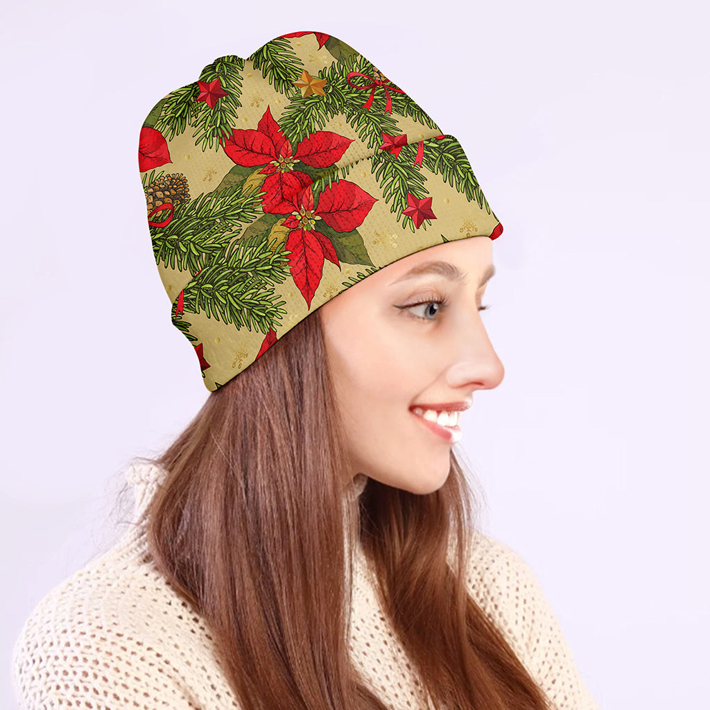 Vintage Christmas Poinsettia Print Beanie