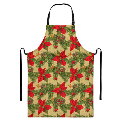 Vintage Christmas Poinsettia Print Bib Apron With Pocket