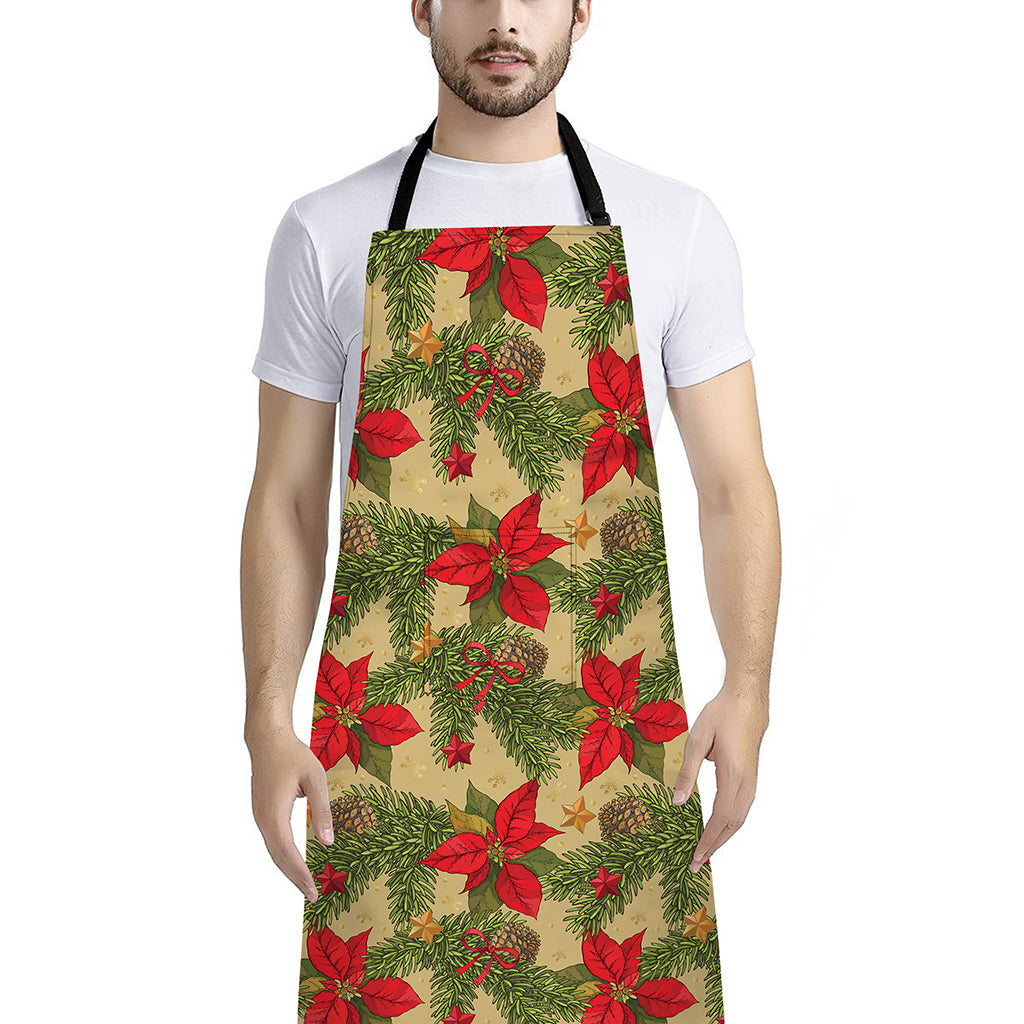 Vintage Christmas Poinsettia Print Bib Apron With Pocket