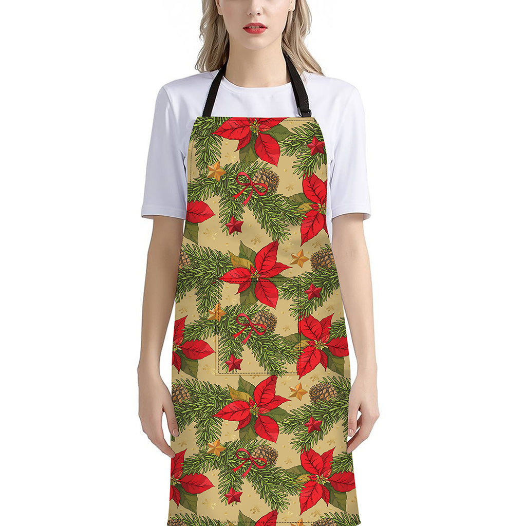 Vintage Christmas Poinsettia Print Bib Apron With Pocket
