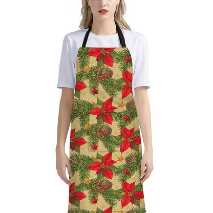 Vintage Christmas Poinsettia Print Bib Apron With Pocket