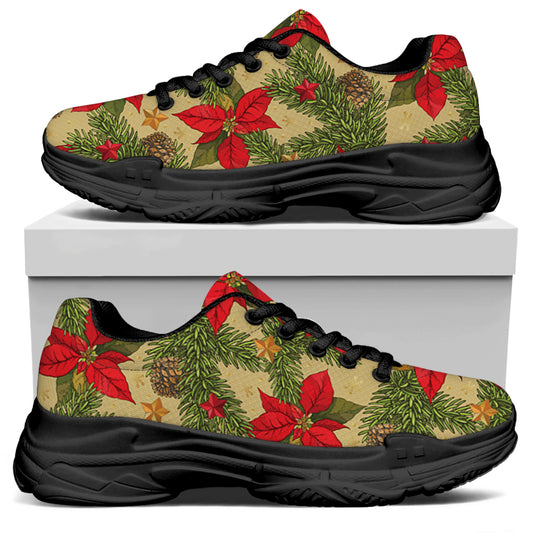 Vintage Christmas Poinsettia Print Black Chunky Shoes