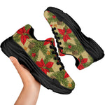 Vintage Christmas Poinsettia Print Black Chunky Shoes