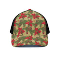 Vintage Christmas Poinsettia Print Black Mesh Trucker Hat