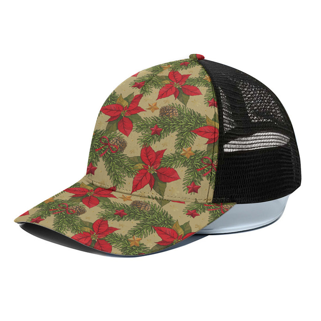 Vintage Christmas Poinsettia Print Black Mesh Trucker Cap