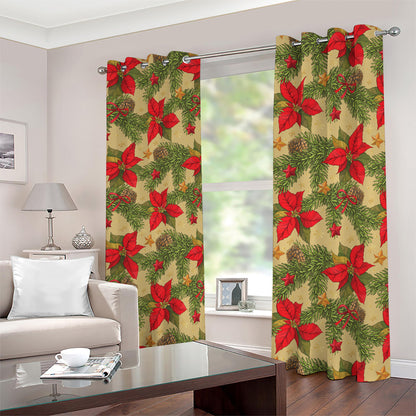 Vintage Christmas Poinsettia Print Blackout Grommet Curtains
