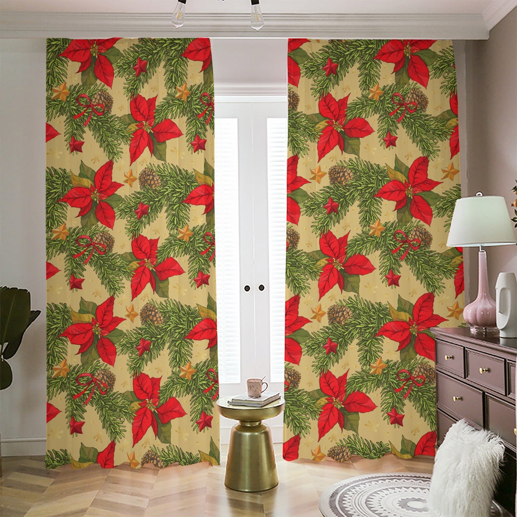 Vintage Christmas Poinsettia Print Blackout Pencil Pleat Curtains