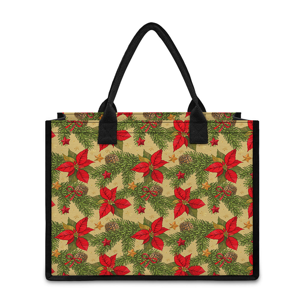 Vintage Christmas Poinsettia Print Canvas Tote Bag