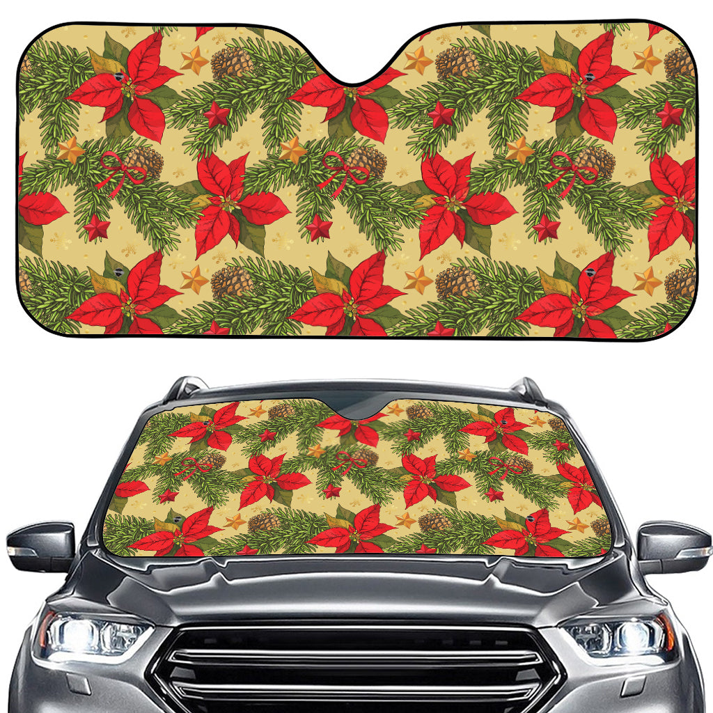 Vintage Christmas Poinsettia Print Car Windshield Sun Shade