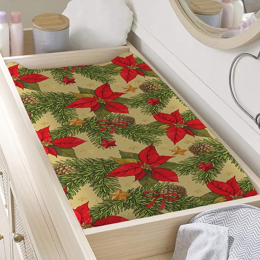 Vintage Christmas Poinsettia Print Changing Pad Cover