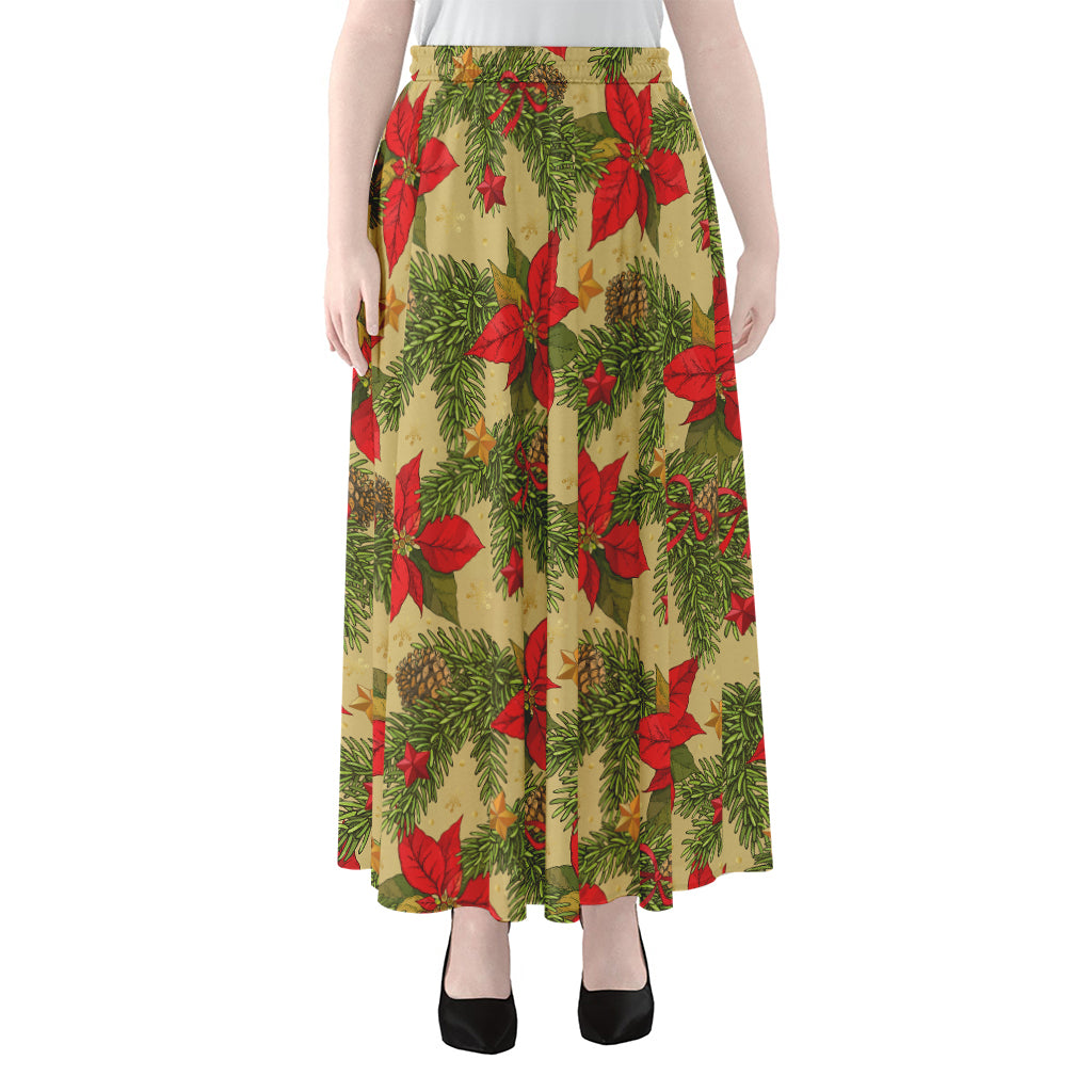 Vintage Christmas Poinsettia Print Chiffon Maxi Skirt