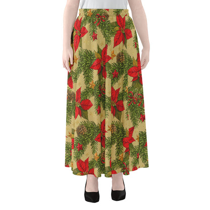 Vintage Christmas Poinsettia Print Chiffon Maxi Skirt