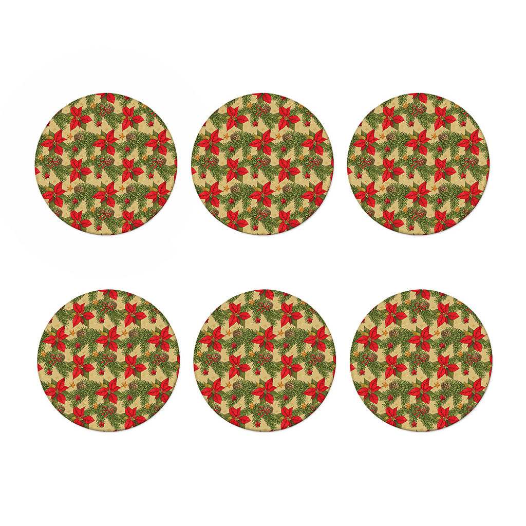 Vintage Christmas Poinsettia Print Coaster Set