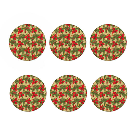 Vintage Christmas Poinsettia Print Coaster Set