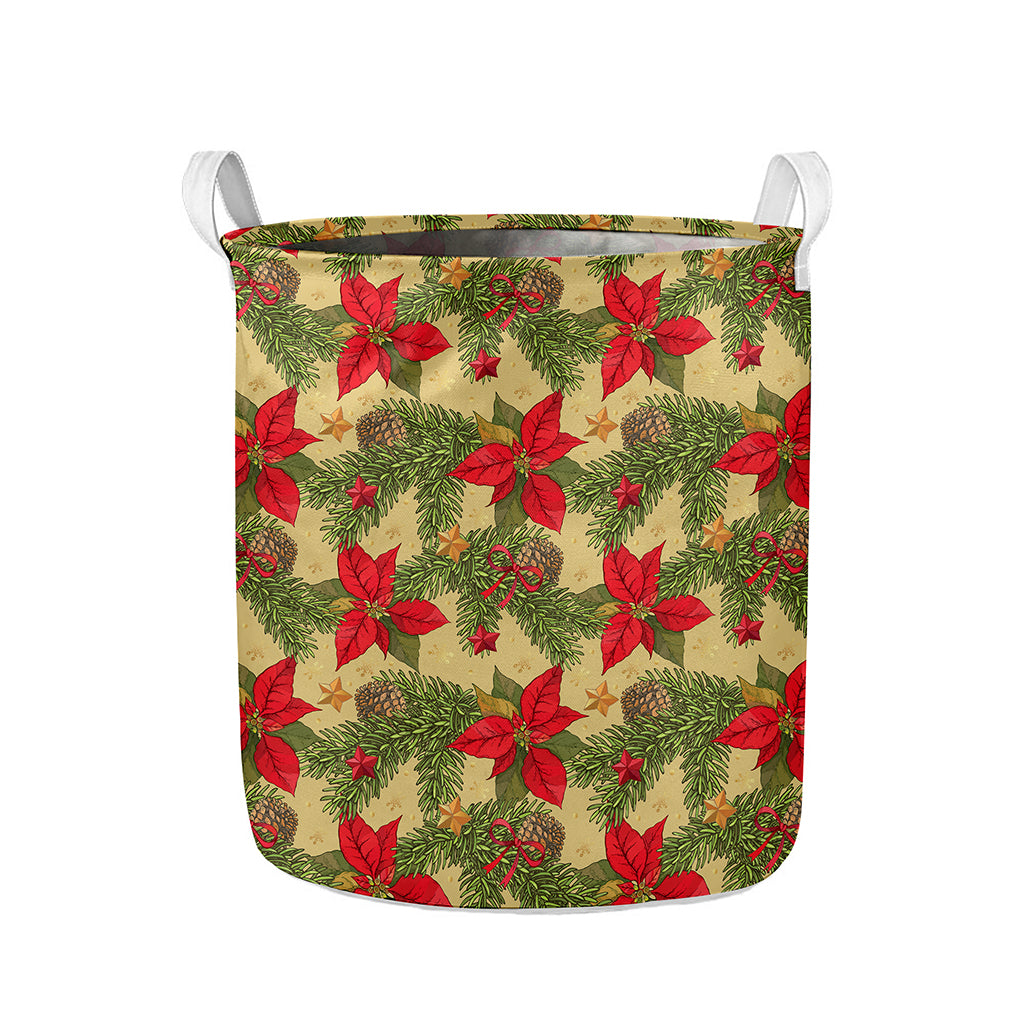 Vintage Christmas Poinsettia Print Collapsible Laundry Basket