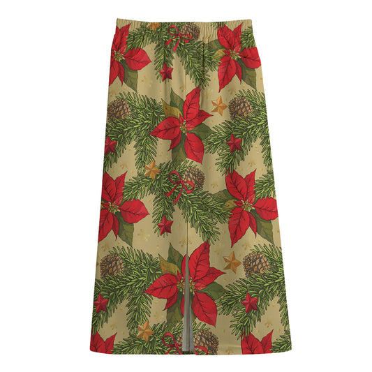 Vintage Christmas Poinsettia Print Cotton Front Slit Maxi Skirt