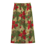 Vintage Christmas Poinsettia Print Cotton Front Slit Maxi Skirt