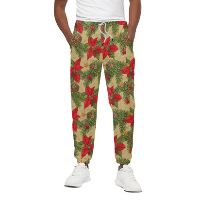 Vintage Christmas Poinsettia Print Cotton Pants