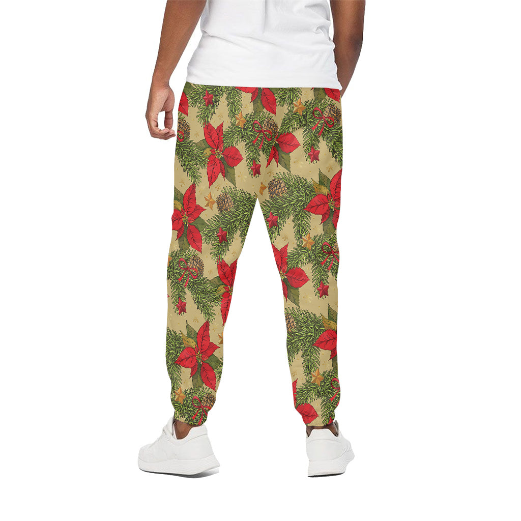 Vintage Christmas Poinsettia Print Cotton Pants