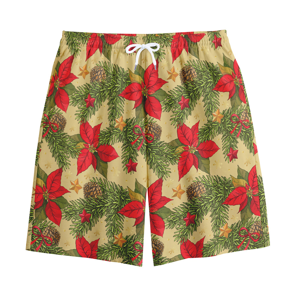Vintage Christmas Poinsettia Print Cotton Shorts