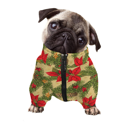 Vintage Christmas Poinsettia Print Dog Zip Up Jacket