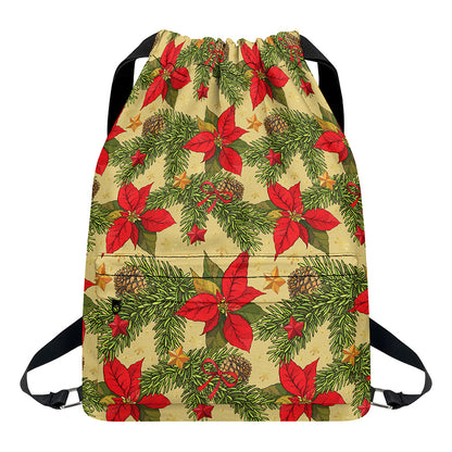 Vintage Christmas Poinsettia Print Drawstring Backpack