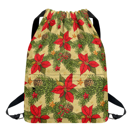 Vintage Christmas Poinsettia Print Drawstring Backpack