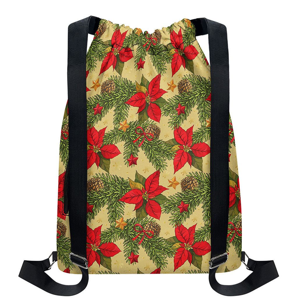 Vintage Christmas Poinsettia Print Drawstring Backpack