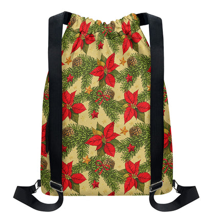 Vintage Christmas Poinsettia Print Drawstring Backpack