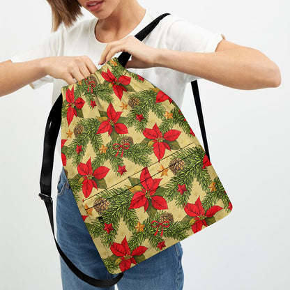 Vintage Christmas Poinsettia Print Drawstring Backpack