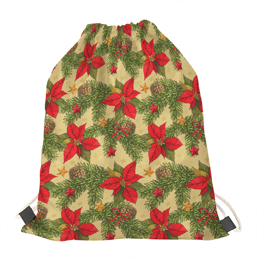Vintage Christmas Poinsettia Print Drawstring Bag