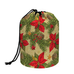Vintage Christmas Poinsettia Print Drawstring Makeup Bag