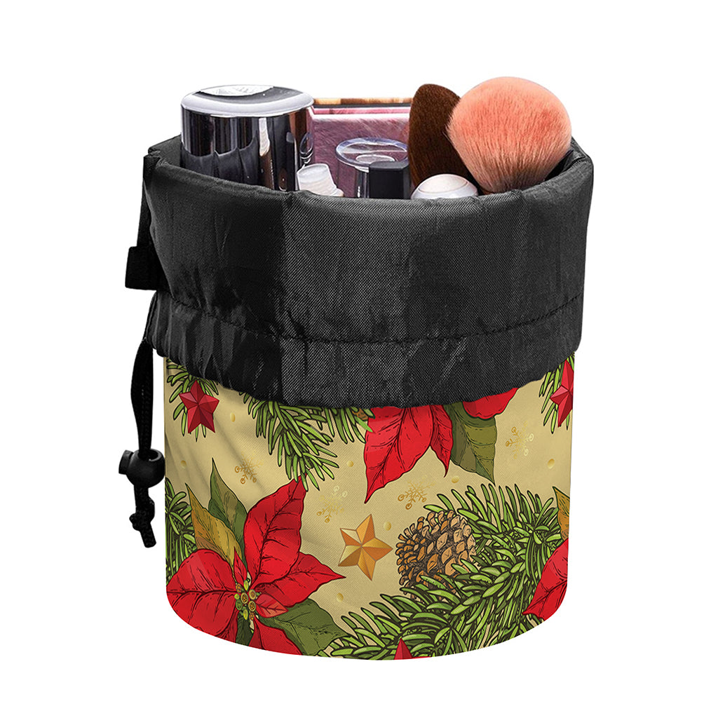 Vintage Christmas Poinsettia Print Drawstring Makeup Bag